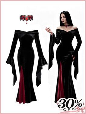 Velvet Long Sleeve Gothic Maxi Witch Vintage Halloween Dress